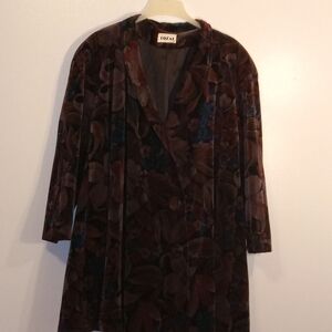 Women's Velvet Floral Swing Coat - Burgundy and Blue